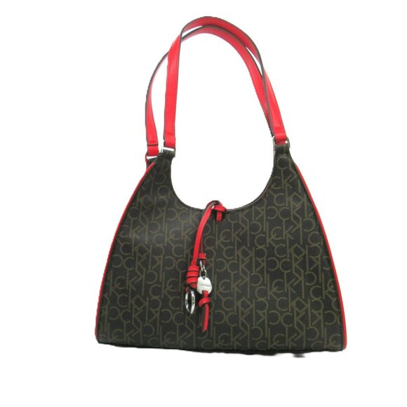 Calvin Klein Womens Monogram Shoulder Bag With Red Accents & Charm Pendant NWOT - Picture 1 of 12